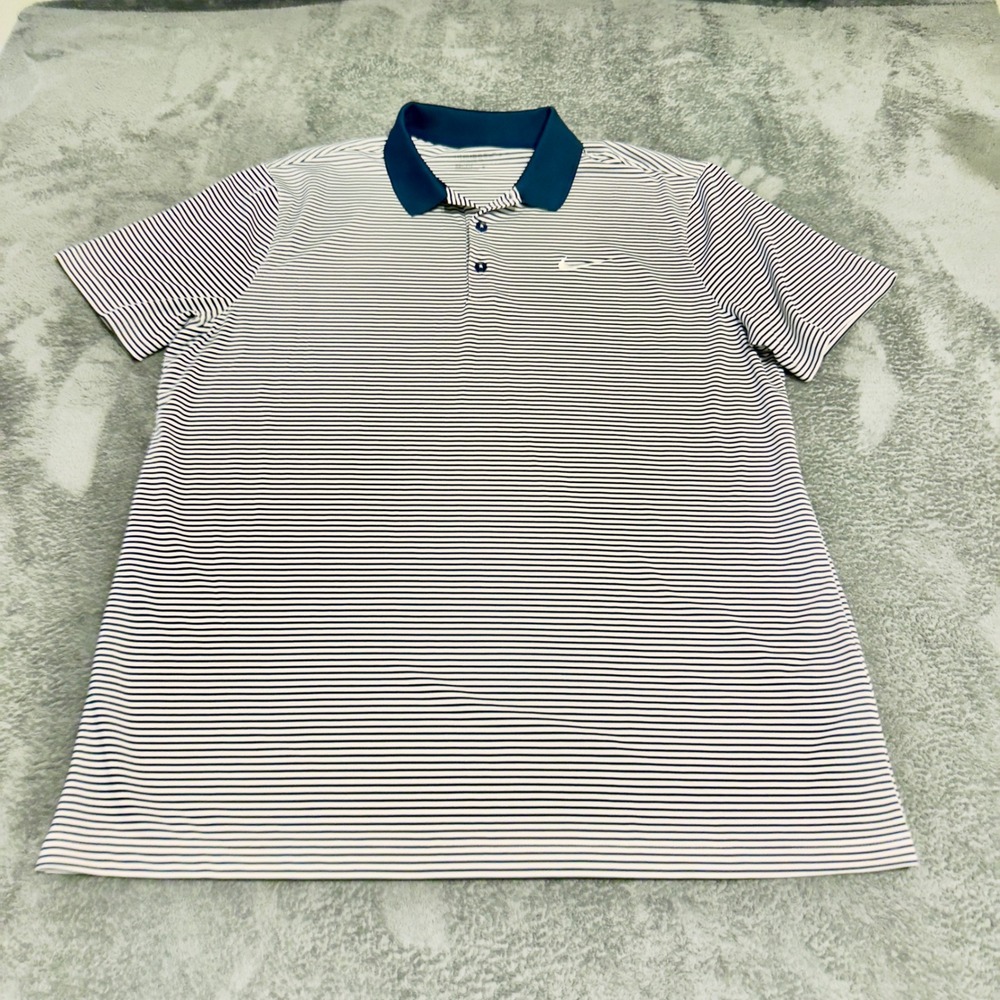 Nike Golf Dri-FIT Polo Shirt Mens XL Navy White Striped Short Sleeve Swoosh
